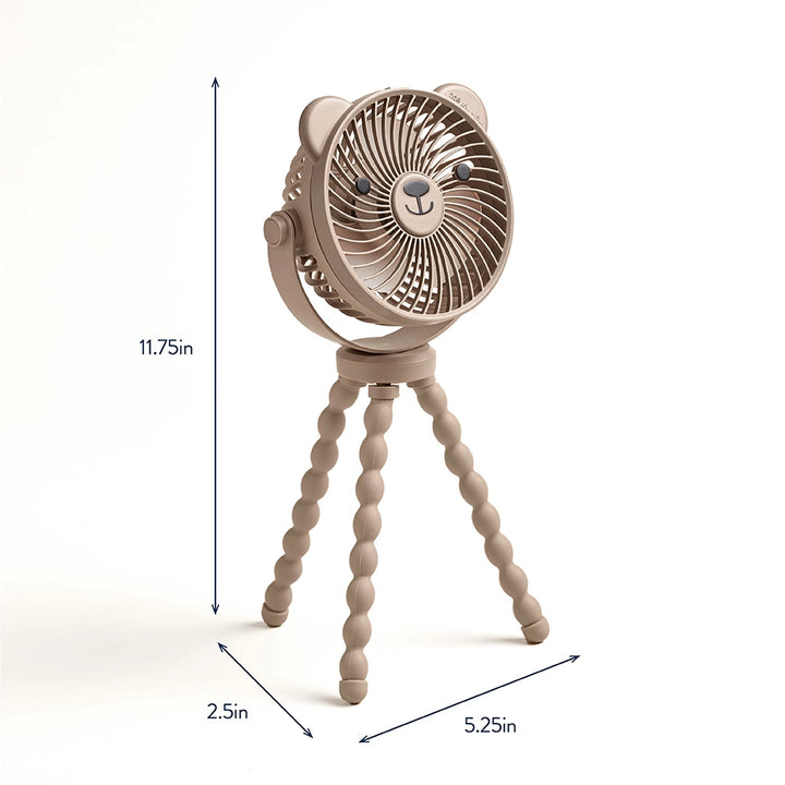 Small fan with bear design and dimensions on a white background