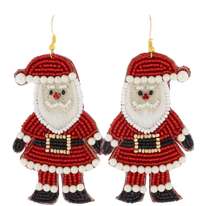 Beaded Santa with Pearl Beaded and Red Crystal Nose Earrings