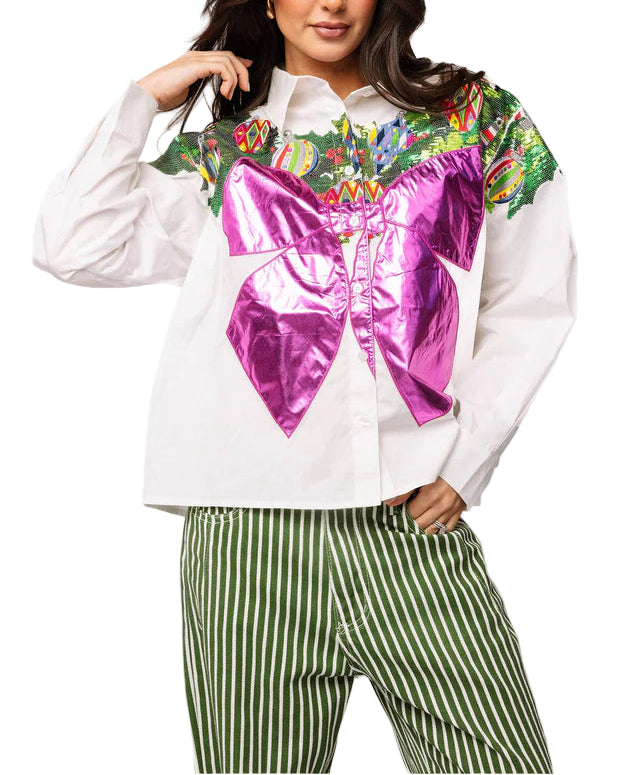 Metallic Wreath Cotton Button Up Top