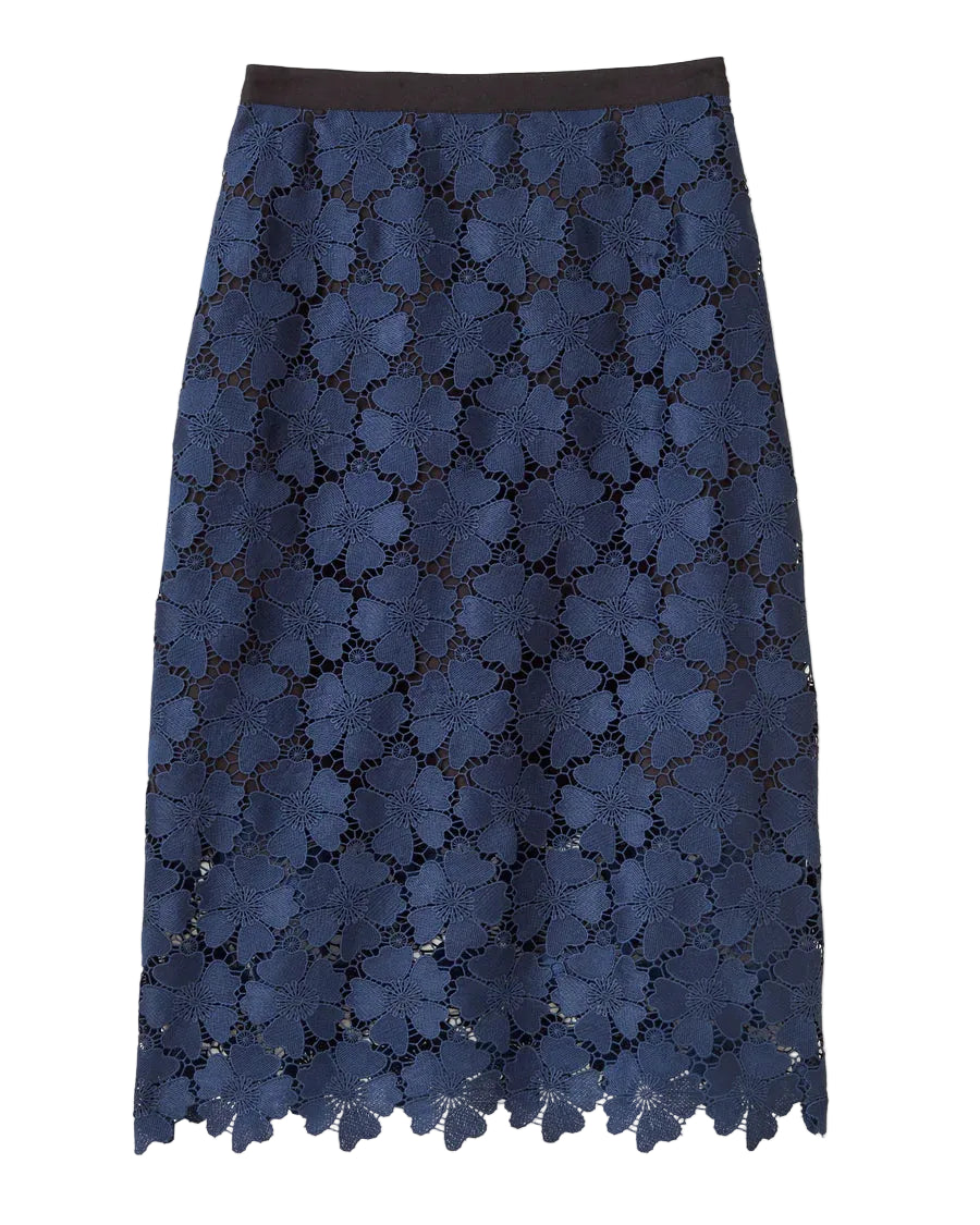 The Mulberry skirt moves with intricate lace catching light with each step, evoking the calm confidence of evening dressing along the coast.

Pencil midi silhouette creates a sleek, elongated profile
Guipure lace overlay with contrast lining creates a peek-through hem effect
Grosgrain waistband with invisible side zipper ensures a tailored finish
