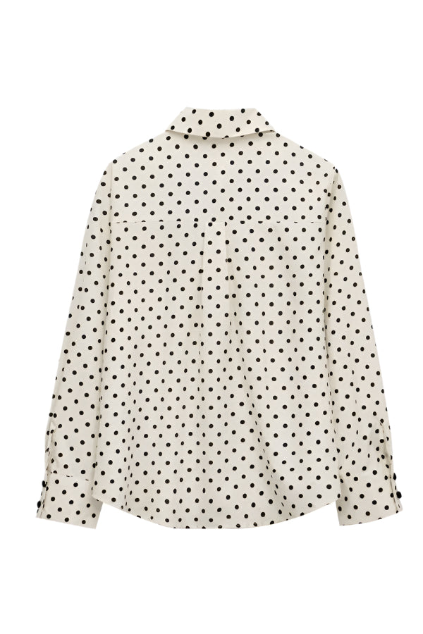 Trendy Polka Dot with Front Velvet Bows and Cute Collared Long Sleeve Shirt