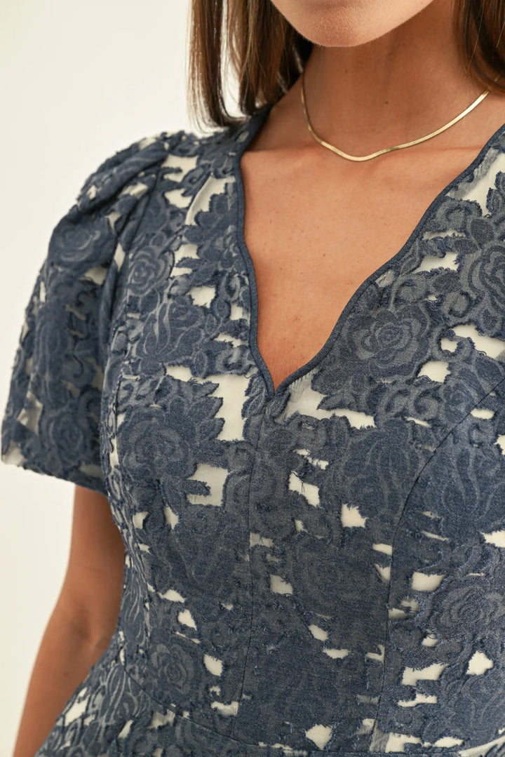 Fern Jacquard Chambray Bubble Sleeves Mini Dress