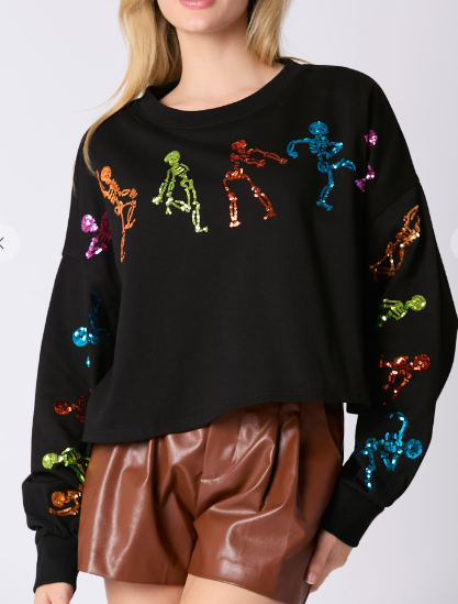 Dancing Skeletons Sequin Sweatshirt in Black