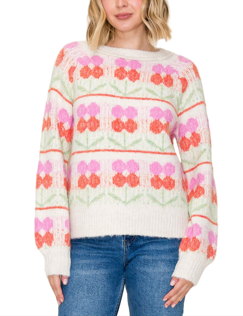 Stay cozy and stylish with the Loring Flower Jacquard Chunky Sweater. Its bold floral jacquard pattern adds a fun pop of texture, while the chunky knit keeps you warm on chilly days. Perfect for layering or wearing solo, this sweater brings cheerful comfort to your everyday wardrobe.