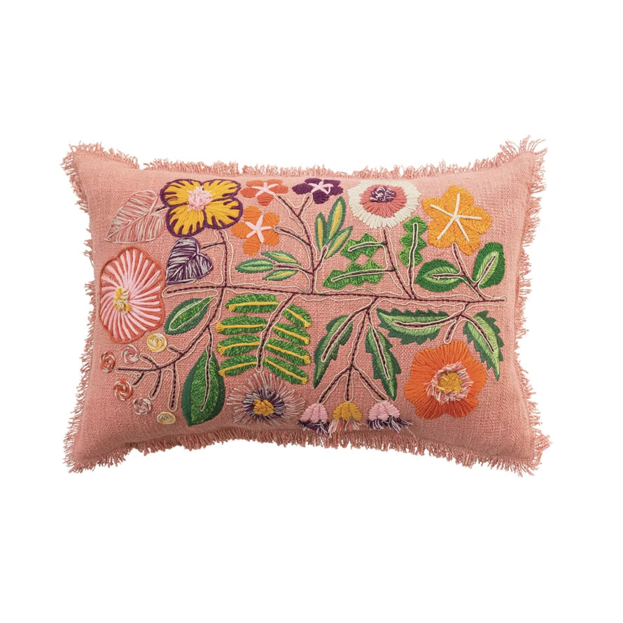 Embroidered Flowers Lumbar Pillow