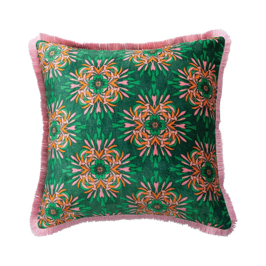 Cotton Blend Velvet Printed Pillow - Pink/Green