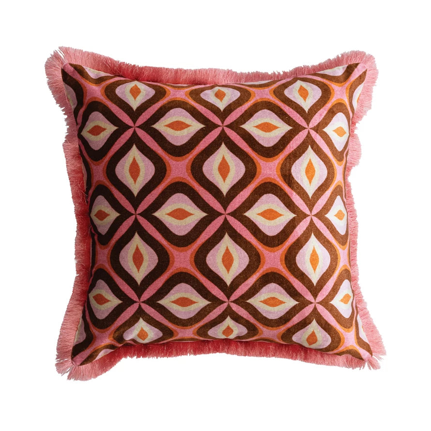 Cotton Blend Velvet Printed Pillow - Pink/Orange