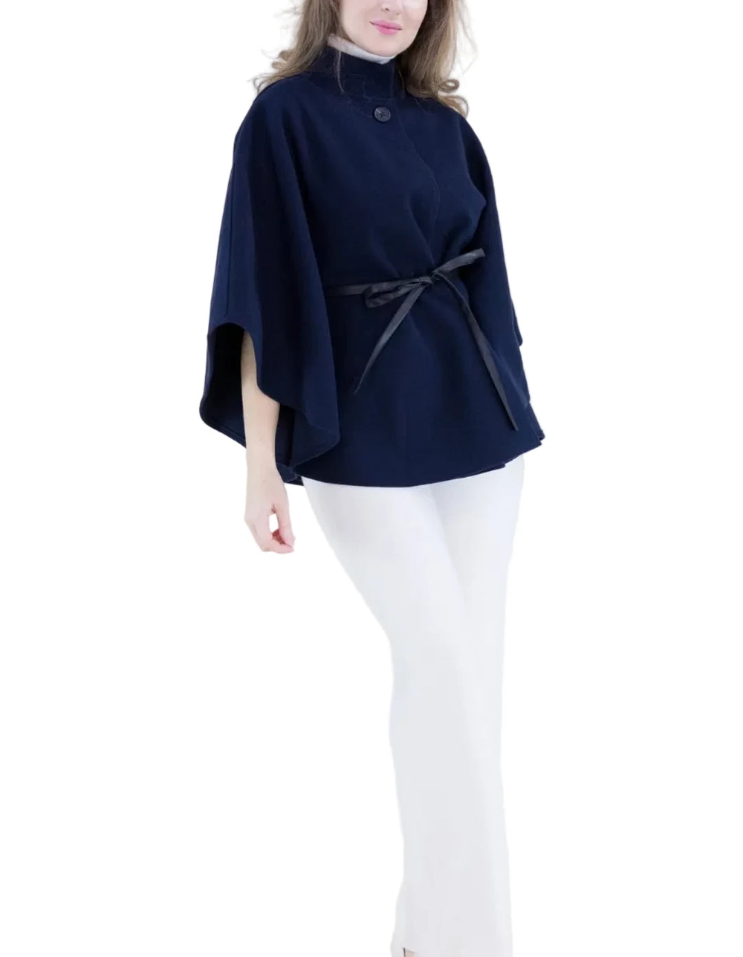 Funnel Neck Faux Leather Belt Cape