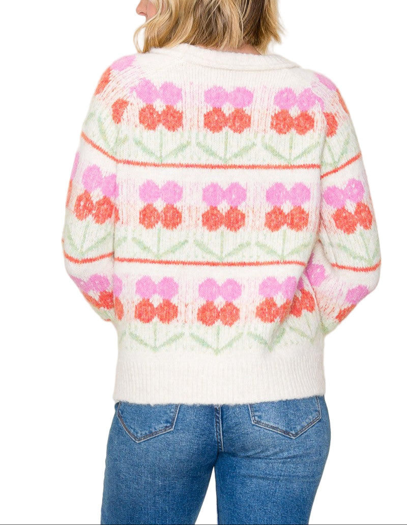Stay cozy and stylish with the Loring Flower Jacquard Chunky Sweater. Its bold floral jacquard pattern adds a fun pop of texture, while the chunky knit keeps you warm on chilly days. Perfect for layering or wearing solo, this sweater brings cheerful comfort to your everyday wardrobe.
