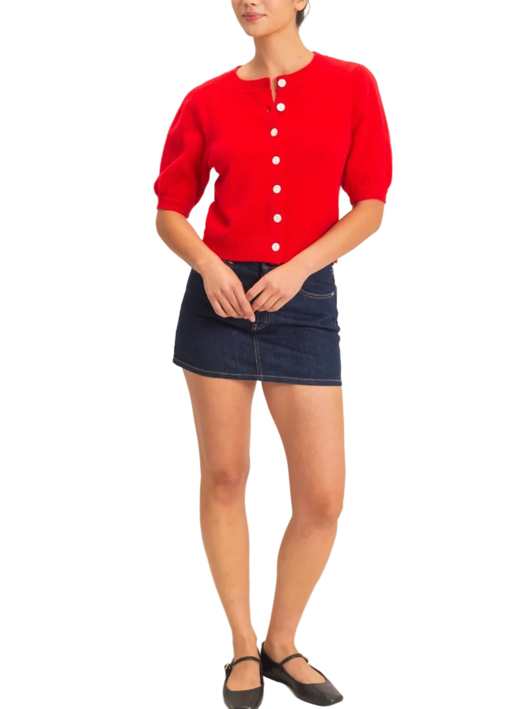Experience comfort in this stylish button front cardigan featuring charming puff sleeves and a finely ribbed hem and neck. The knit construction provides a comfortable fit with a ribbed hem and cuffs. Perfect for layering over dresses or pairing with high-waisted trousers for a chic, modern aesthetic.