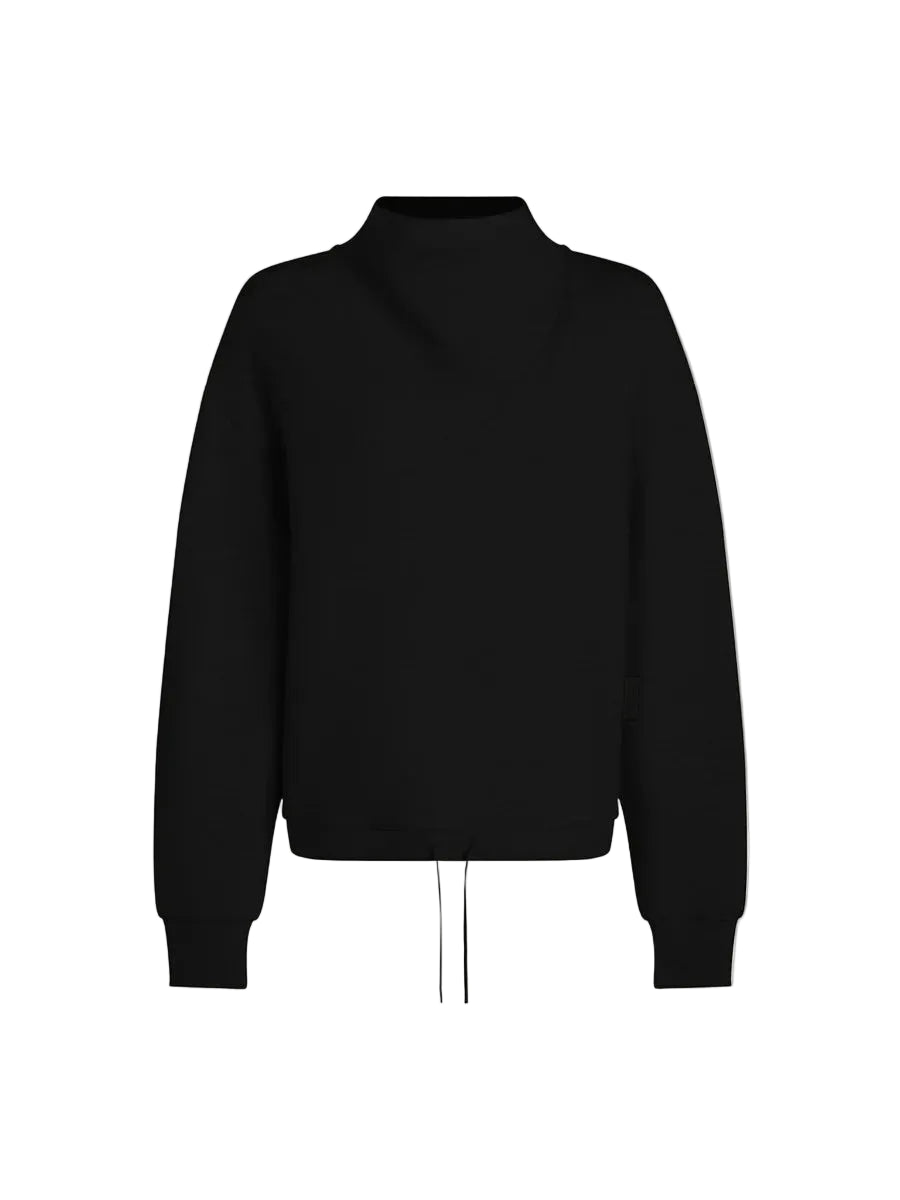 A black mock-neck long-sleeve sweatshirt with ribbed cuffs and hem, featuring a drawstring detail at the bottom, shown against a light gray background.