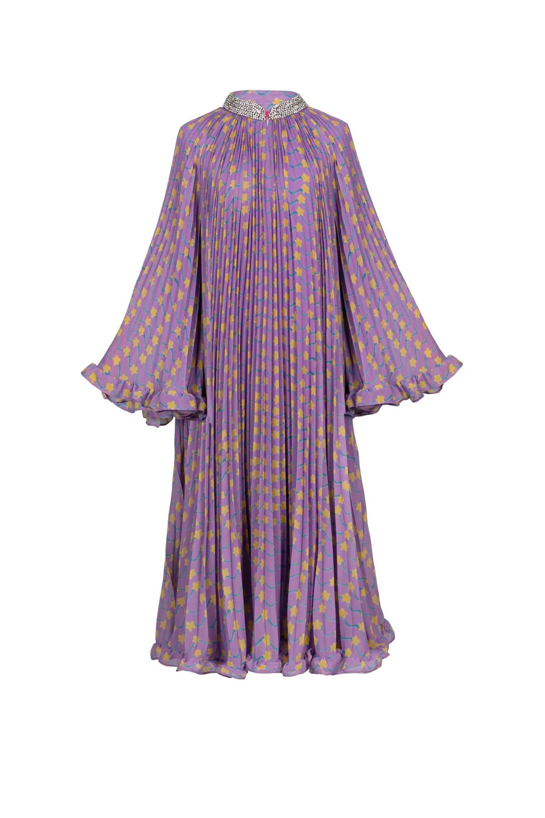 A cosmic swirl of color and movement, the Earth Dress stuns with its pleated silhouette that flows with every step. Crafted from lightweight, airy fabric in a pastel print of lilac, yellow, and turquoise waves, it radiates effortless elegance and can be worn with either side as the front. An embellished collar adds a celestial sparkle, making it perfect for weddings, summer parties, or any moment that calls for a touch of magic. Bold yet graceful, this maxi dress is a statement piece that never goes unnotic