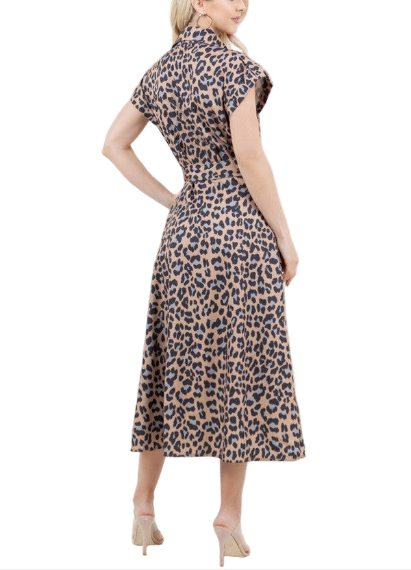 Leopard print midi dress that ties at the waist.