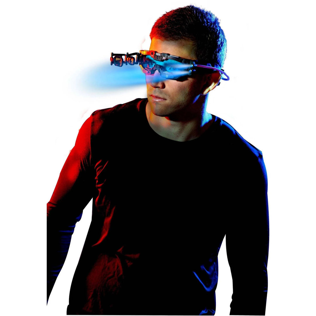 Person wearing futuristic goggles with a white background
