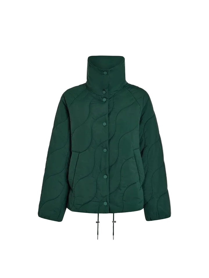 A dark green quilted jacket with a high stand-up collar, front snap buttons, and a drawstring hem, shown against a light gray background.
