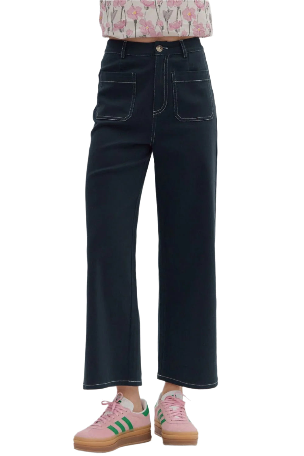 Solid high-waist button fly-front zipper closure pants featuring exposed stitch detail. Patch pockets at front and back. Unlined. Woven. Non-sheer. Lightweight.