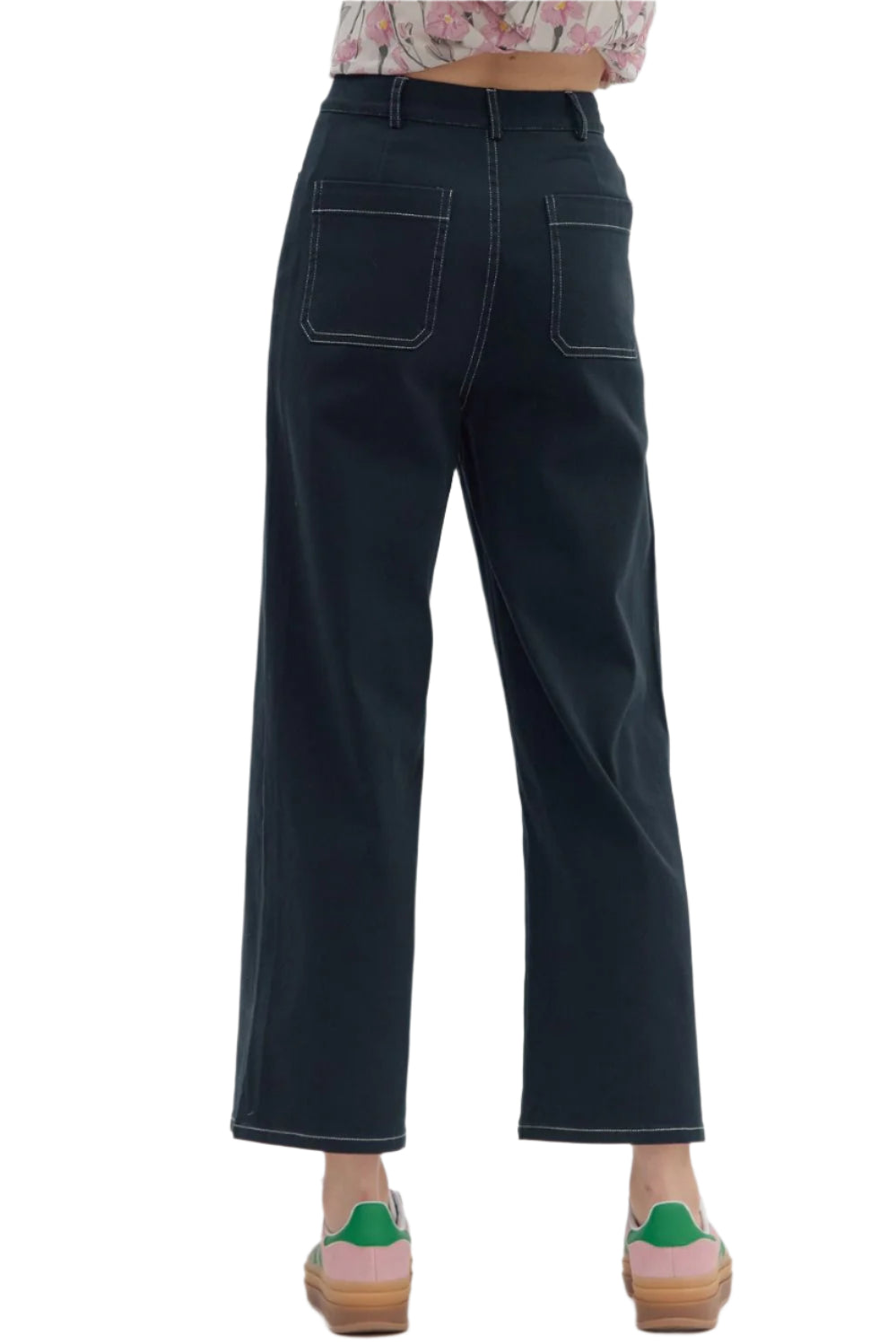 Solid high-waist button fly-front zipper closure pants featuring exposed stitch detail. Patch pockets at front and back. Unlined. Woven. Non-sheer. Lightweight.