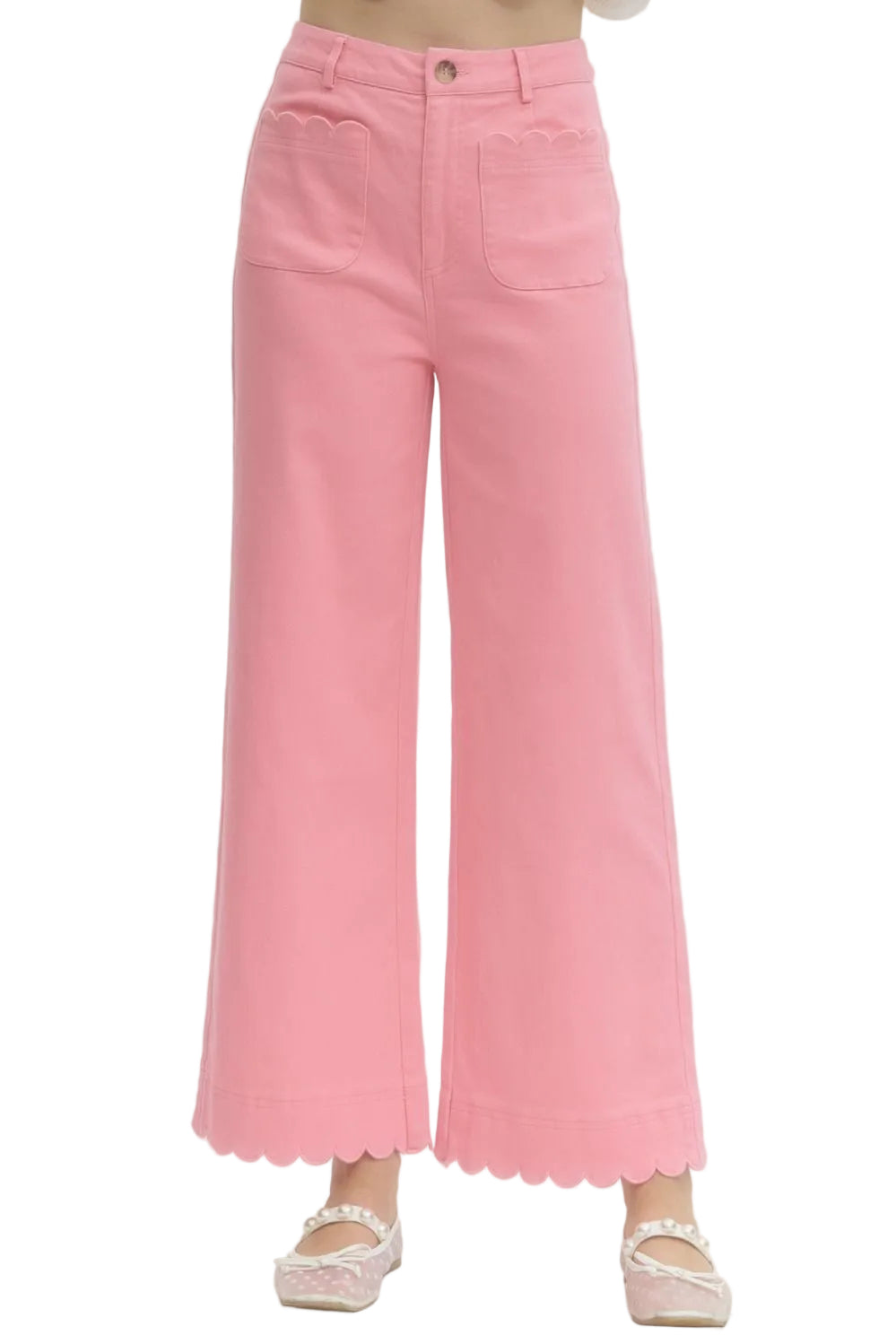 Elevate your everyday style with these charming pink pants featuring a flattering high-waist cut. Delicate scallop trim adorns the pockets and hem, adding a whimsical touch that sets them apart from basic basics. Perfect for dressing up casual looks or creating effortlessly chic outfits, these pants blend comfort with personality. The thoughtful details make them a versatile wardrobe essential that works from office to weekend adventures.