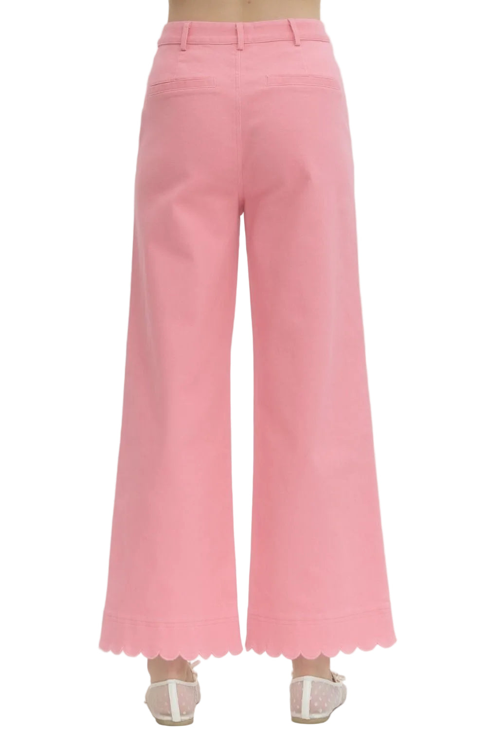 Elevate your everyday style with these charming pink pants featuring a flattering high-waist cut. Delicate scallop trim adorns the pockets and hem, adding a whimsical touch that sets them apart from basic basics. Perfect for dressing up casual looks or creating effortlessly chic outfits, these pants blend comfort with personality. The thoughtful details make them a versatile wardrobe essential that works from office to weekend adventures.