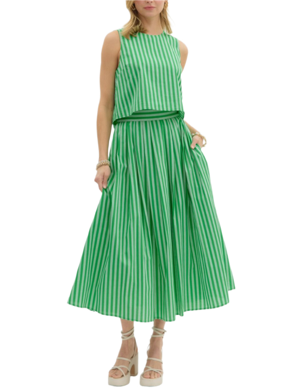 Stripe pattern sleeveless top featuring accented wooden button back closure. Lined. Woven. Non-sheer. Lightweight.

Stripe pattern high waist pleated midi skirt. Elasticated waistband at back and side zipper closure. Pockets at sides. Lined. Woven. Non-sheer. Lightweight.