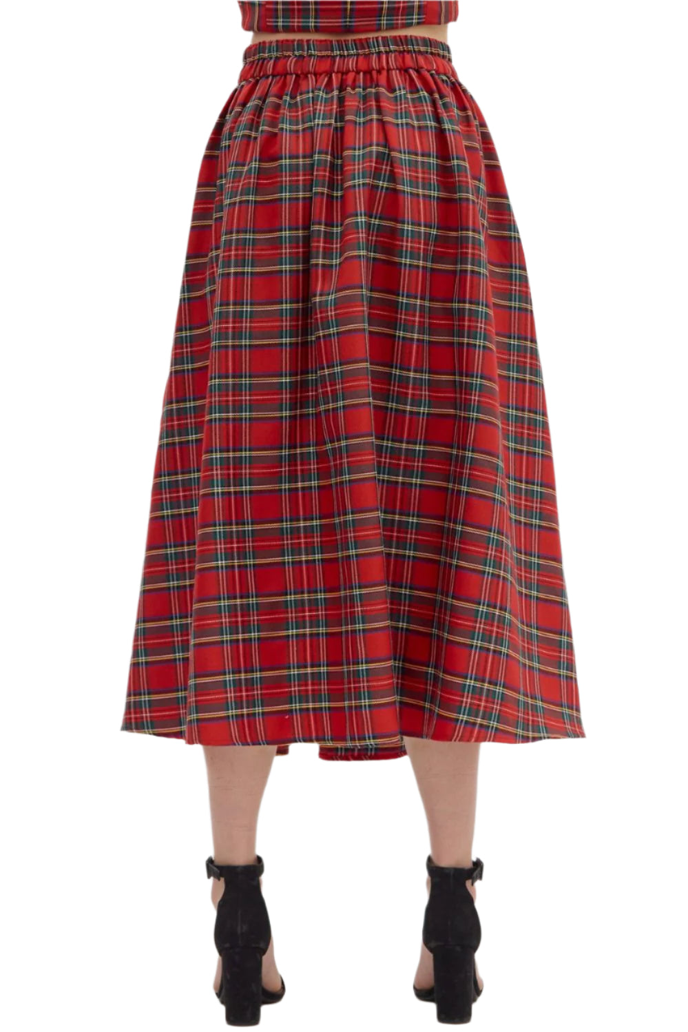 Plaid pattern pull-on midi skirt. Elasticated waistband at back. Pockets at sides. Unlined. Woven. Non-sheer. Lightweight.