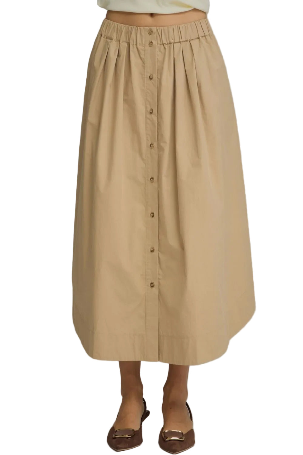 Beige button-up skirt worn by a person on a gray background