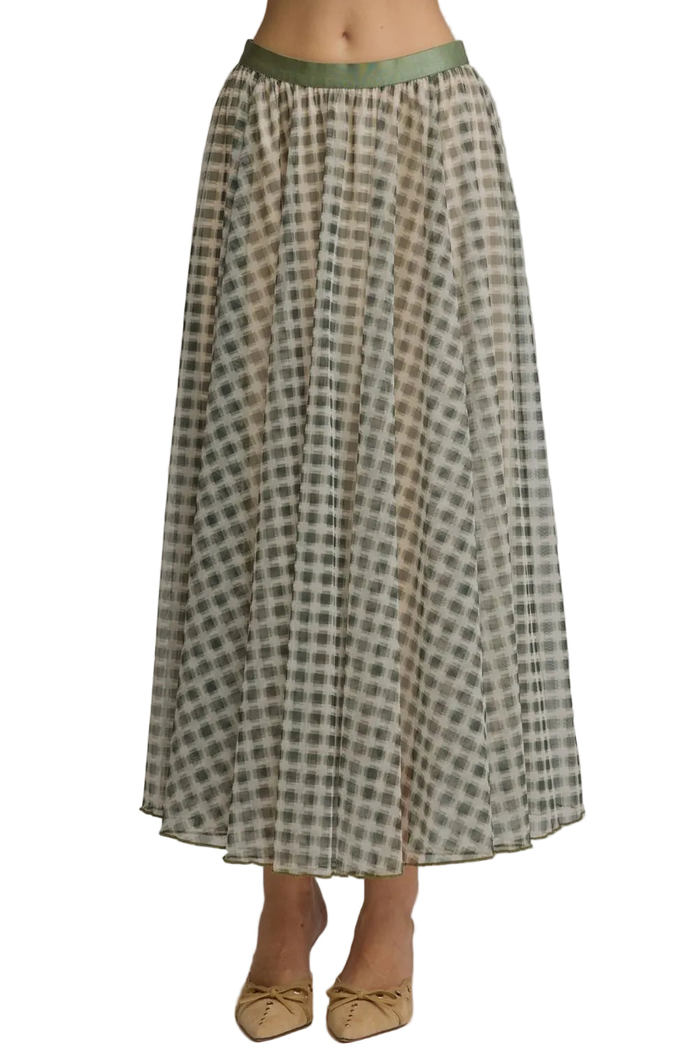 Gingham maxi skirt with a contrast waistband. Lined. Woven. Non-sheer. Lightweight.