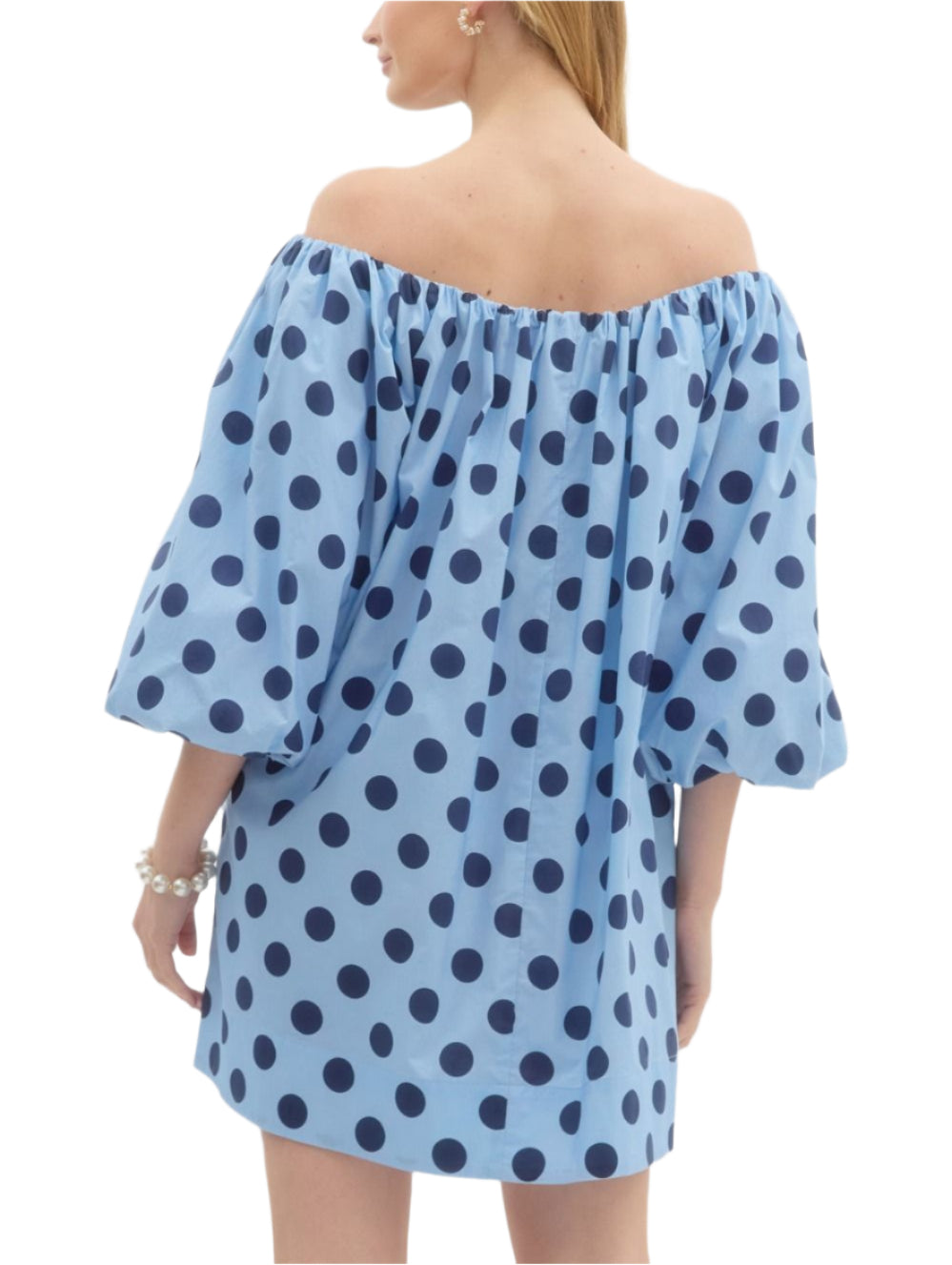 Polka dot print ¾ bubble sleeve pullover mini dress featuring ruched neckline. Pockets at side. Lined. Woven. Non-sheer. Lightweight.