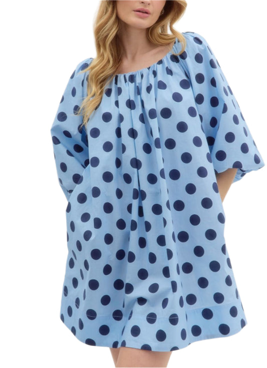 Polka dot print ¾ bubble sleeve pullover mini dress featuring ruched neckline. Pockets at side. Lined. Woven. Non-sheer. Lightweight.