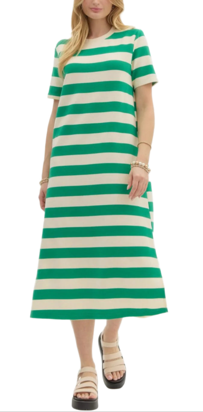 Striped short sleeve midi dress featuring side slit hem. Unlined. Knit. Non-sheer. Lightweight.