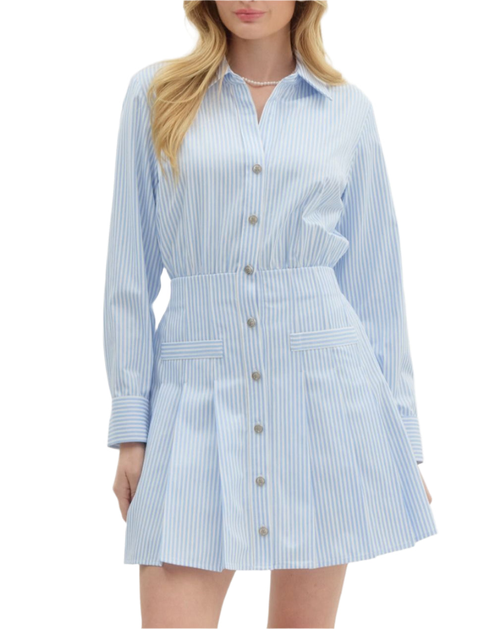 Striped pleated a-line skirt mini dress. Classic long shirt sleeve. Collared front button closure with elastic waist band. Faux pocket at front. Functional pocket at side. Lined. Woven. Non-sheer. Lightweight.