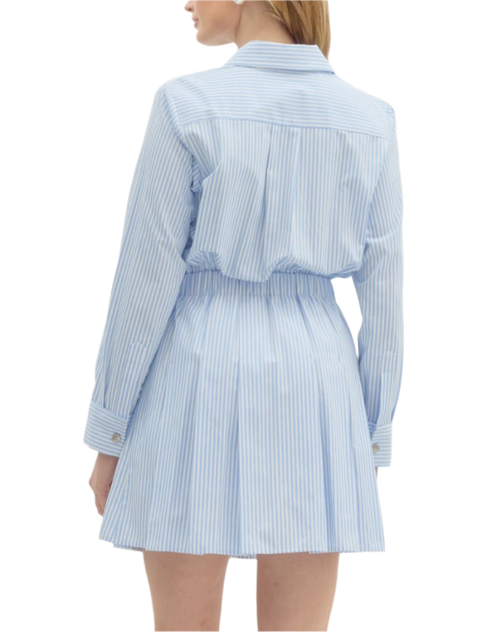 Striped pleated a-line skirt mini dress. Classic long shirt sleeve. Collared front button closure with elastic waist band. Faux pocket at front. Functional pocket at side. Lined. Woven. Non-sheer. Lightweight.