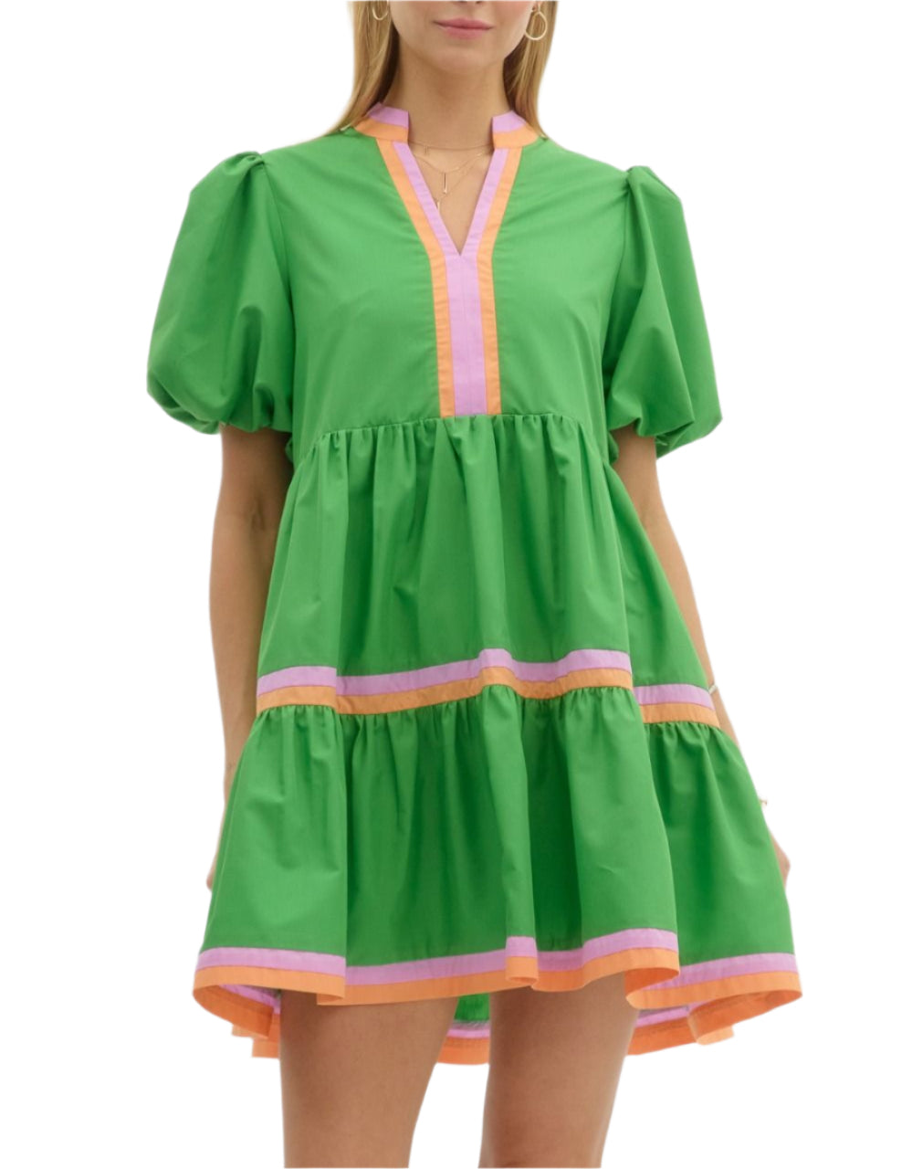 Solid round v-neck short bubble sleeve pullover tiered mini dress featuring accented mutlicolor band. Pockets at side. Lined. Woven. Non-sheer. Lightweight.