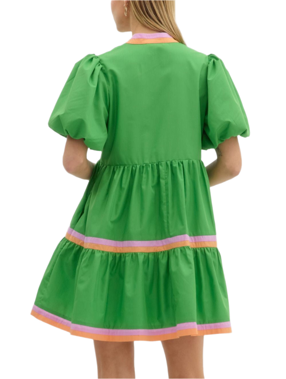 Solid round v-neck short bubble sleeve pullover tiered mini dress featuring accented mutlicolor band. Pockets at side. Lined. Woven. Non-sheer. Lightweight.