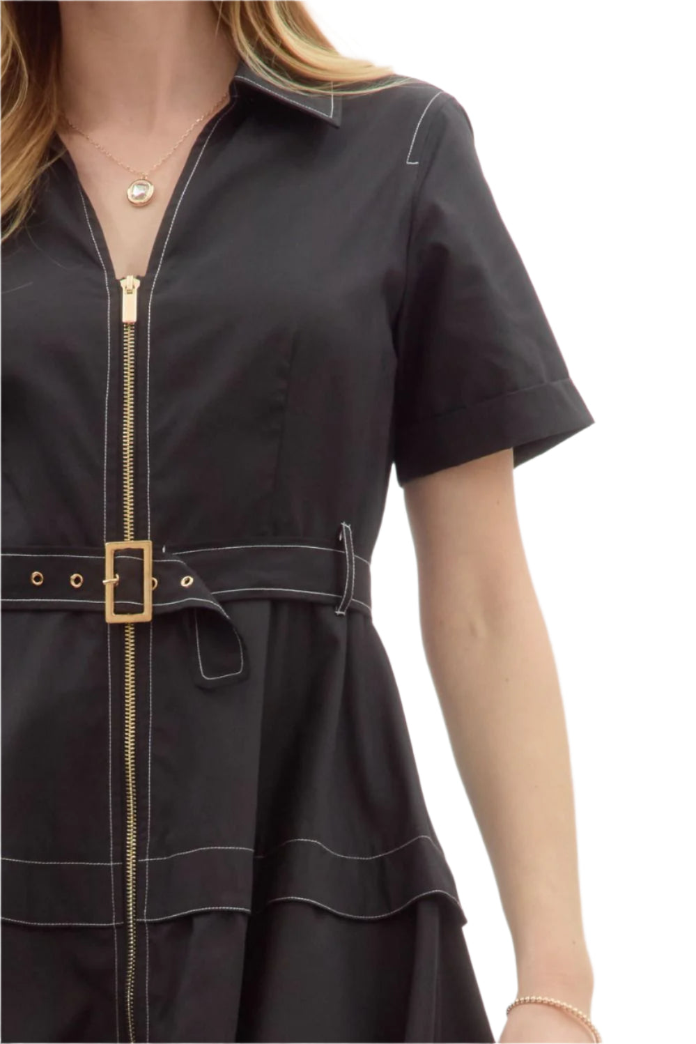 Solid spread collar short sleeve twofer-inspiried midi dress. Adjustable waist buckle belt. Lined. Woven. Non-sheer. Lightweight.