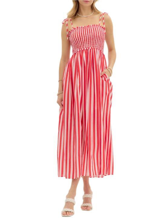 Stripe pattern smocked top shoulder tie pullover midi dress. Pockets at sides. Lined. Woven. Non-sheer. Lightweight.