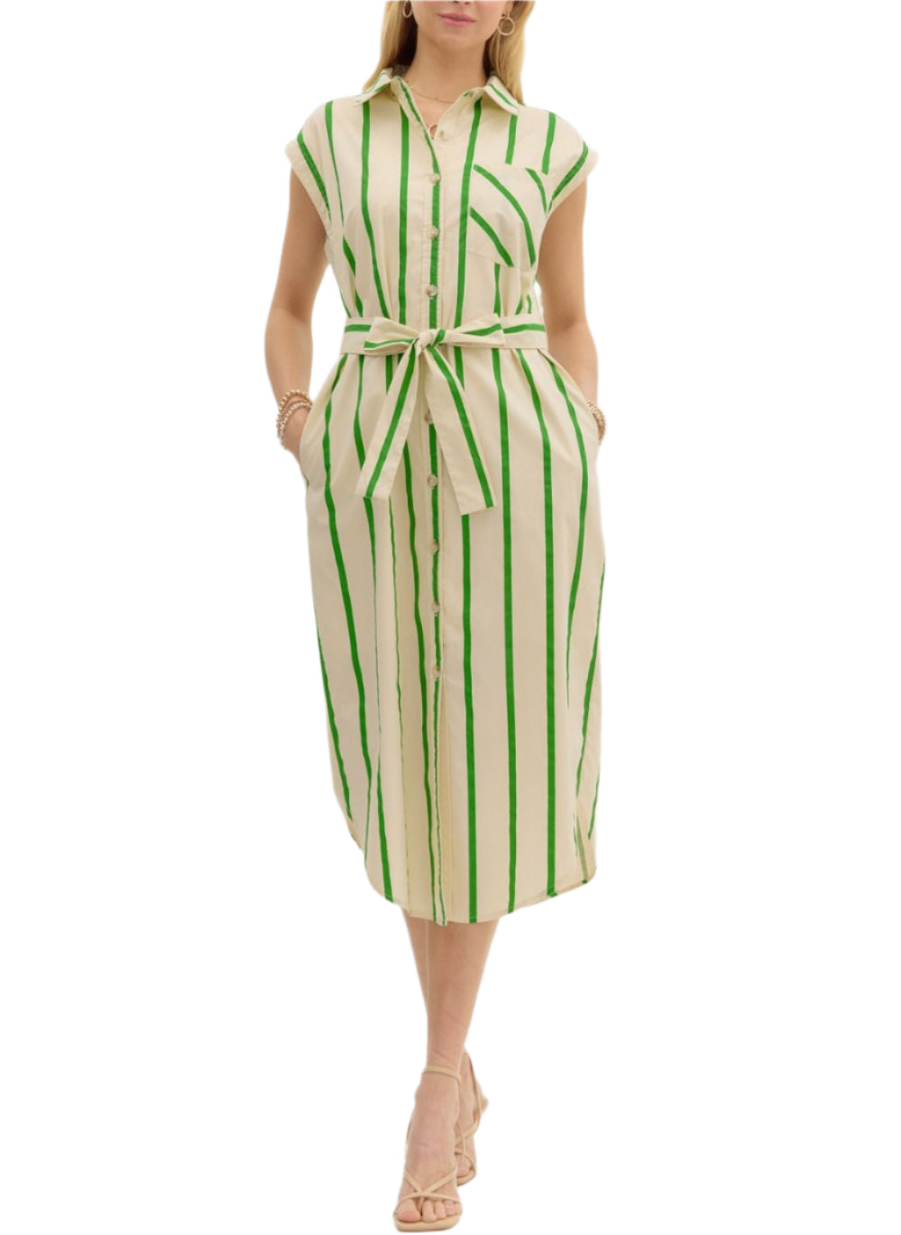 Stripe pattern round hem sleeveless midi shirt dress. Pockets at sides. Lined. Woven. Non-sheer. Lightweight.