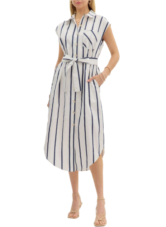 Stripe pattern round hem sleeveless midi shirt dress. Pockets at sides. Lined. Woven. Non-sheer. Lightweight.