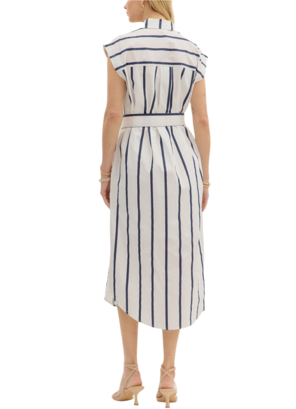 Stripe pattern round hem sleeveless midi shirt dress. Pockets at sides. Lined. Woven. Non-sheer. Lightweight.