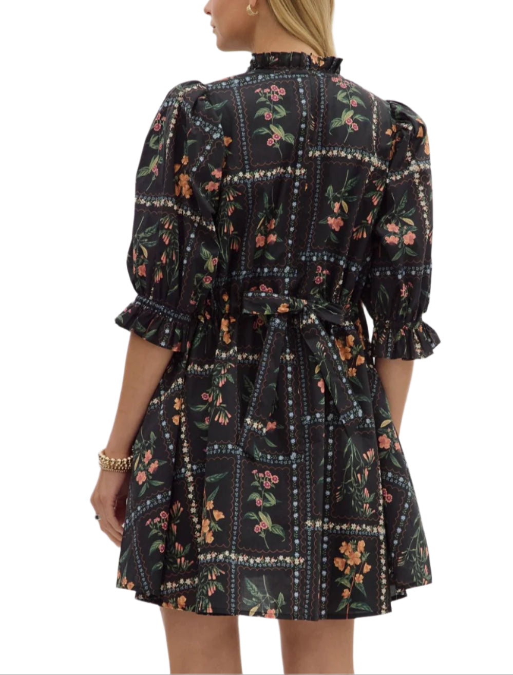 Solid pleated shoulder puff sleeve ruffle hem mini dress. Ruffle band collar button closure at front. Side pockets. Lined. Woven. Non-sheer. Lightweight.