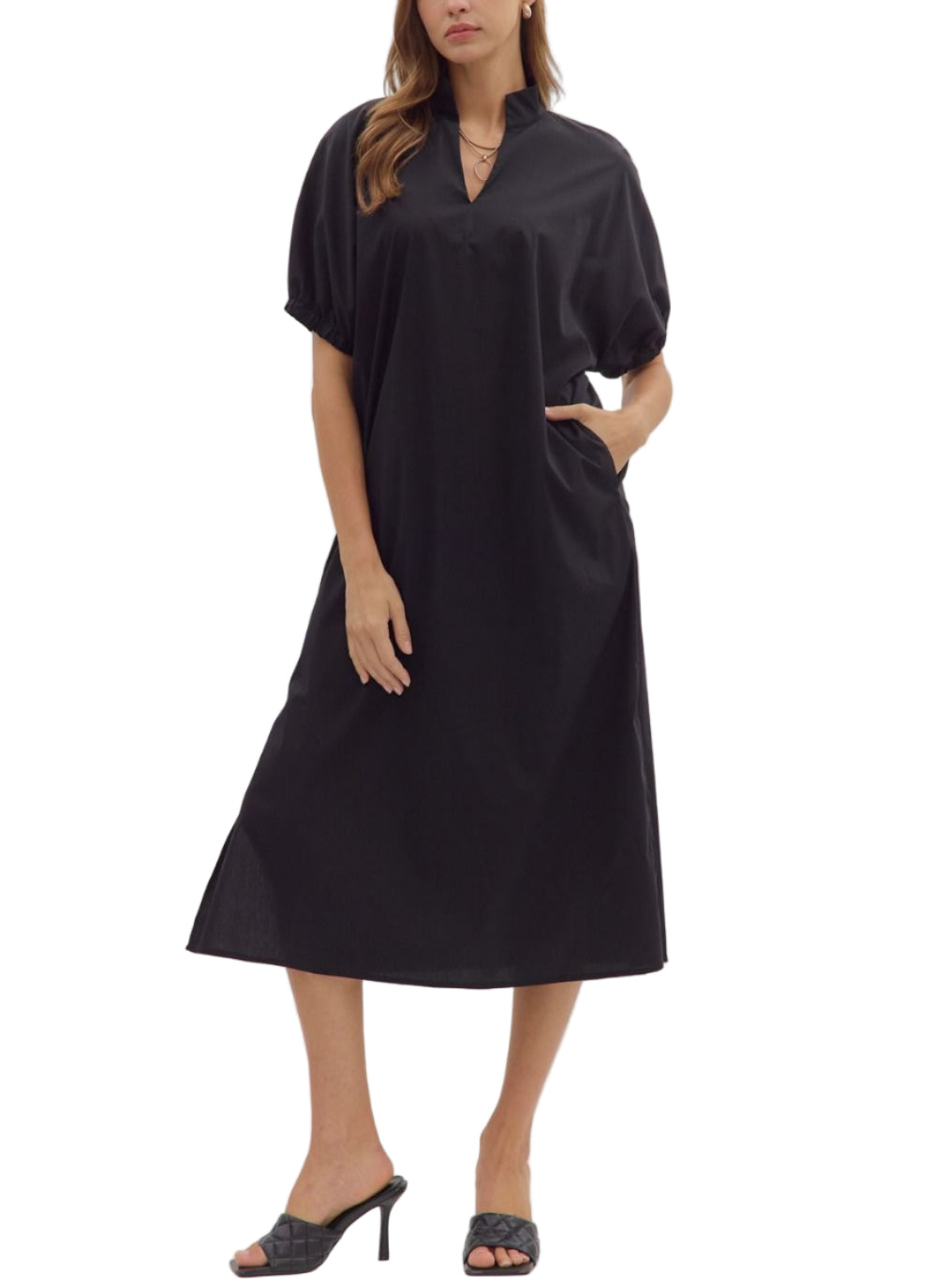 Solid short puff sleeve midi dress featuring band collar with V-neckline. Elasticated sleeve opening. Side pockets. Side slits. Lined. Woven. Non-sheer. Lightweight.
