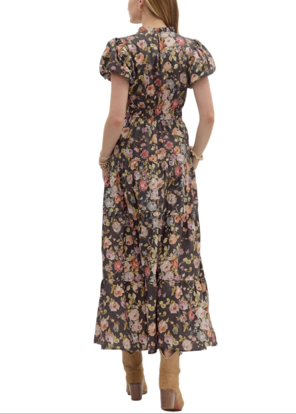 Floral print short bubble puff sleeve pullover midi tiered dress. Double elasticated waist. Lined. Woven. Non-sheer. Lightweight.
