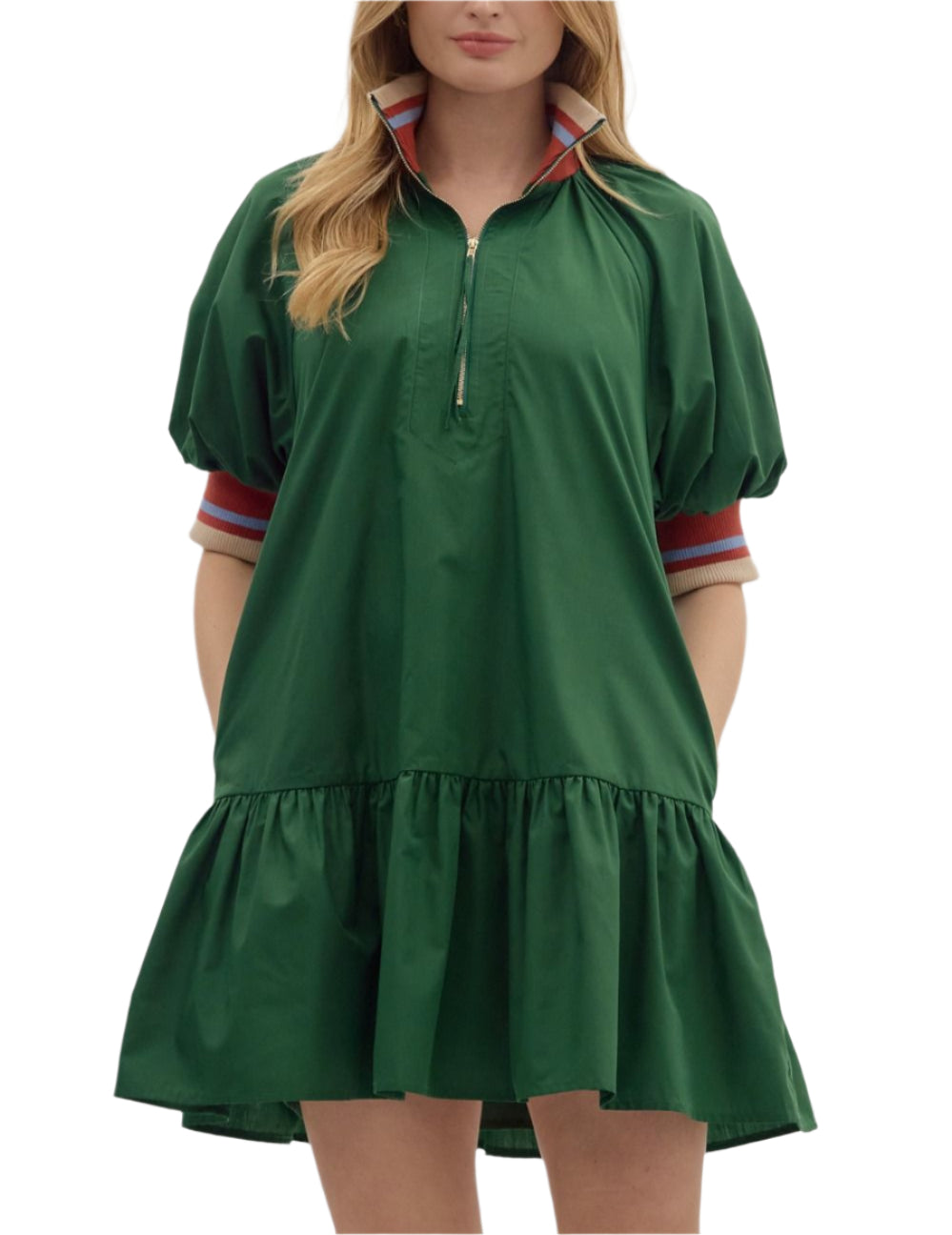 Solid puff sleeve ruffle hem mini dress featuring multicolor accent band and zipper closure at front neck. Pockets at sides. Lined. Woven. Non-sheer. Lightweight.