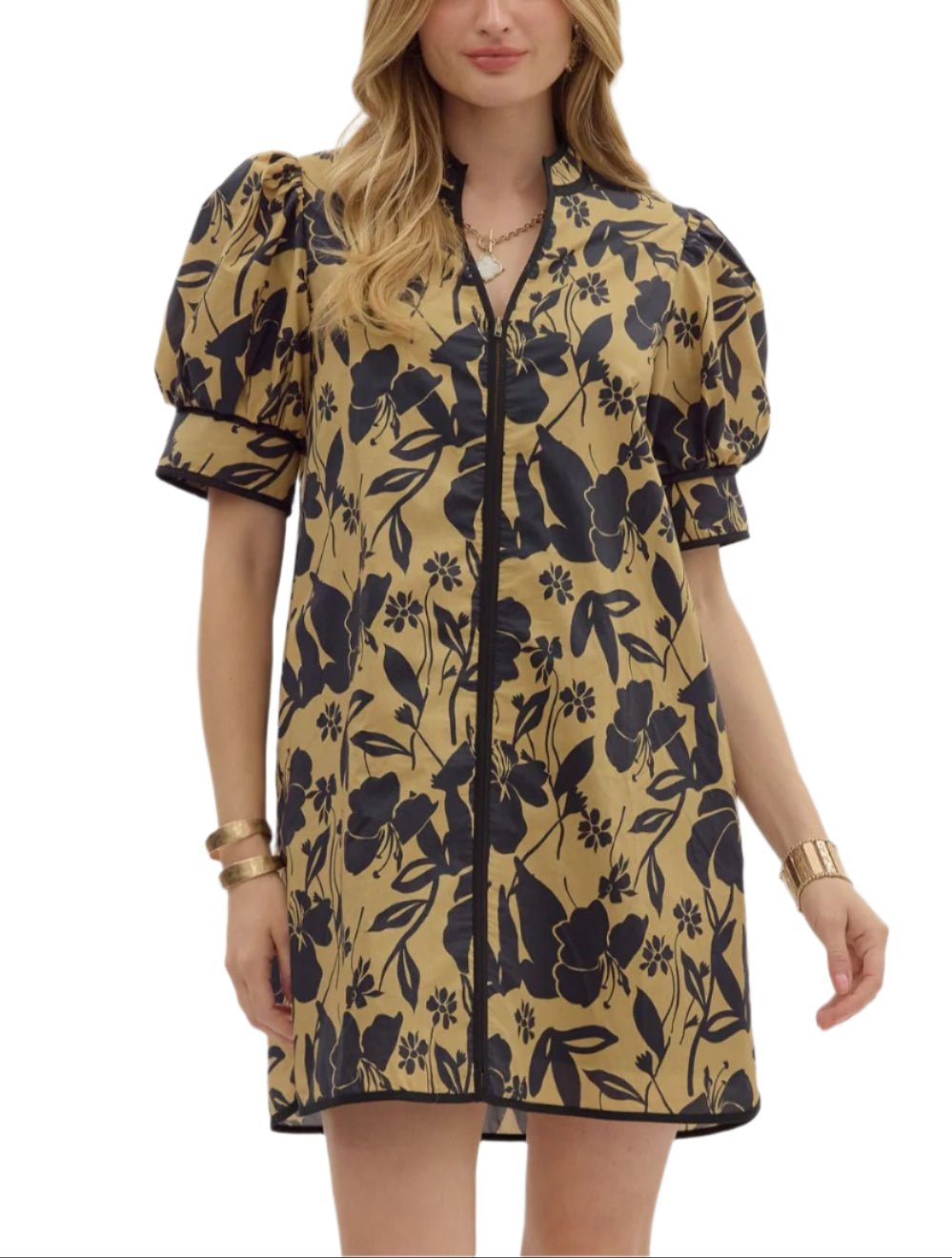 Botanical pattern cuff band short puff sleeve mini dress featuring contrast accent binding detail. Band collar V-neck zipper closure at front. Pocket at sides. Lined. Woven. Non-sheer. Lightweight.