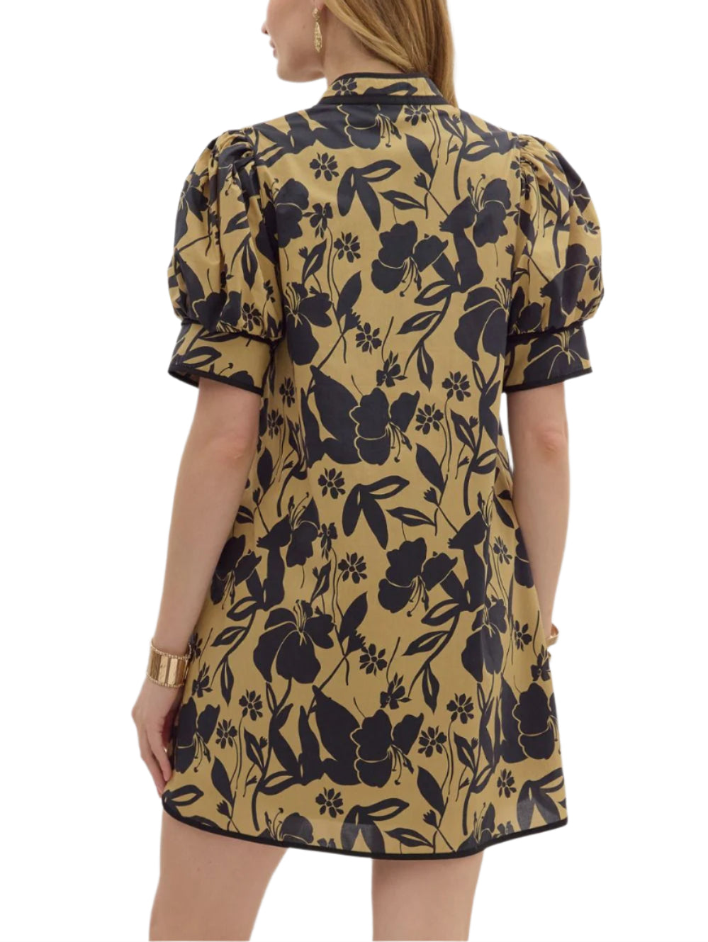 Botanical pattern cuff band short puff sleeve mini dress featuring contrast accent binding detail. Band collar V-neck zipper closure at front. Pocket at sides. Lined. Woven. Non-sheer. Lightweight.