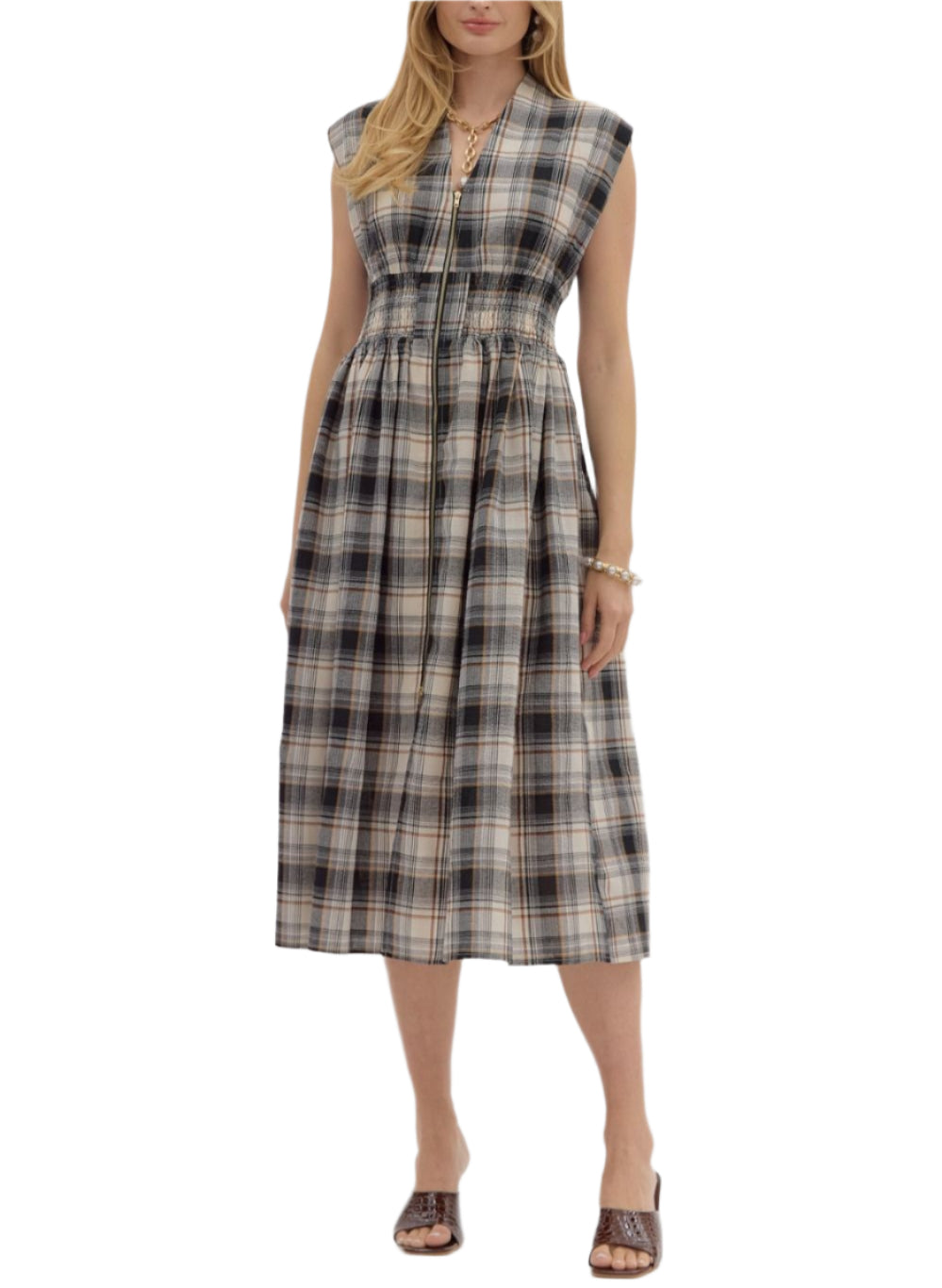 Plaid pattern V-neck sleeveless midi dress featuring zipper closure at front. Smocking at waist. Pocket at sides. Lined. Woven. Non-sheer. Lightweight.
