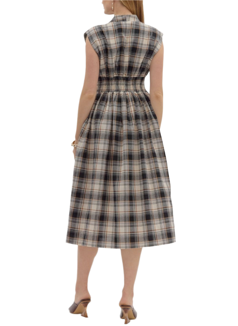 Plaid pattern V-neck sleeveless midi dress featuring zipper closure at front. Smocking at waist. Pocket at sides. Lined. Woven. Non-sheer. Lightweight.