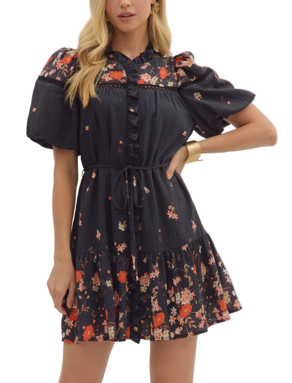 Floral print puff sleeve mini dress featuring ruffle trim at front, and self-tie at waist. Button closure at front. Side pockets. Lined. Woven. Non-sheer. Lightweight.
