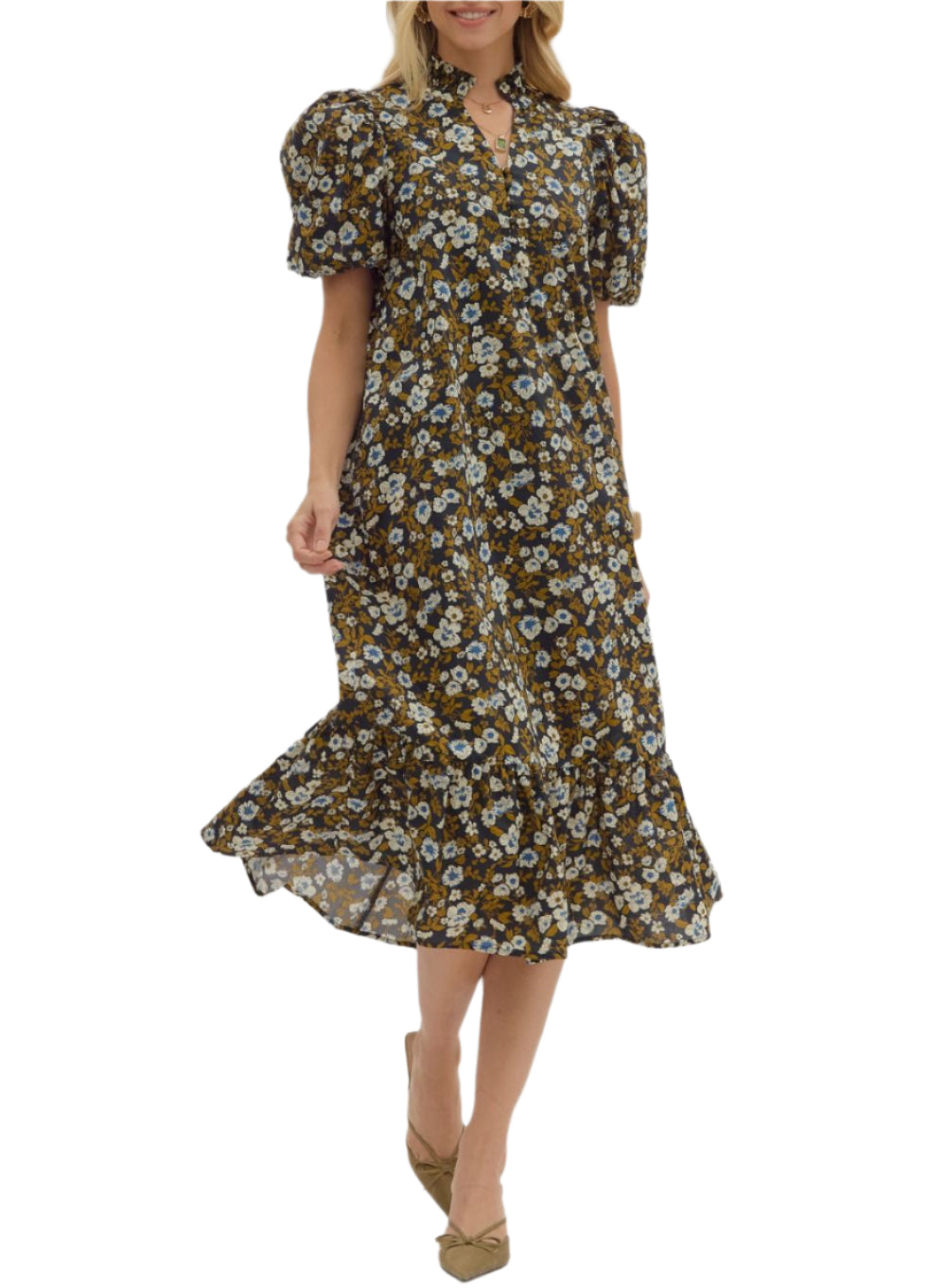 Floral print short bubble sleeve ruffle hem midi dress featurng ruffle V-neck button closure. Side pockets. Lined. Woven. Non-sheer. Lightweight.
