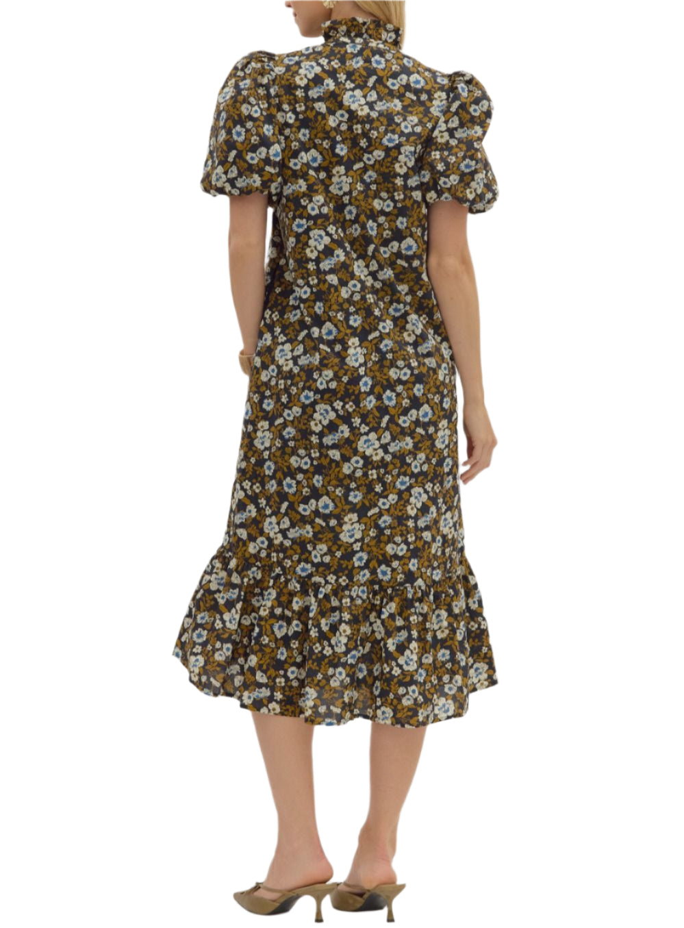 Floral print short bubble sleeve ruffle hem midi dress featurng ruffle V-neck button closure. Side pockets. Lined. Woven. Non-sheer. Lightweight.
